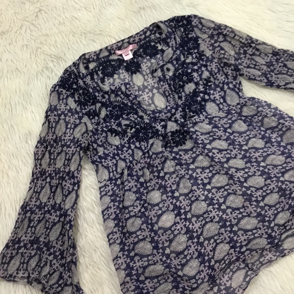 Calypso st. Barth blue silk sheer embroidered floral summer peasant top small